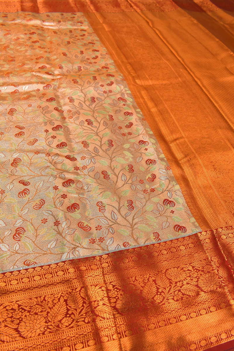 Peach Semi Silk Tissue Tree Leaves Jacquard Contrast Red Border Saree