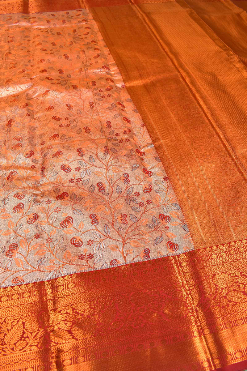 Peach Semi Silk Tissue Silver Leaves  Fancy Red Border Saree