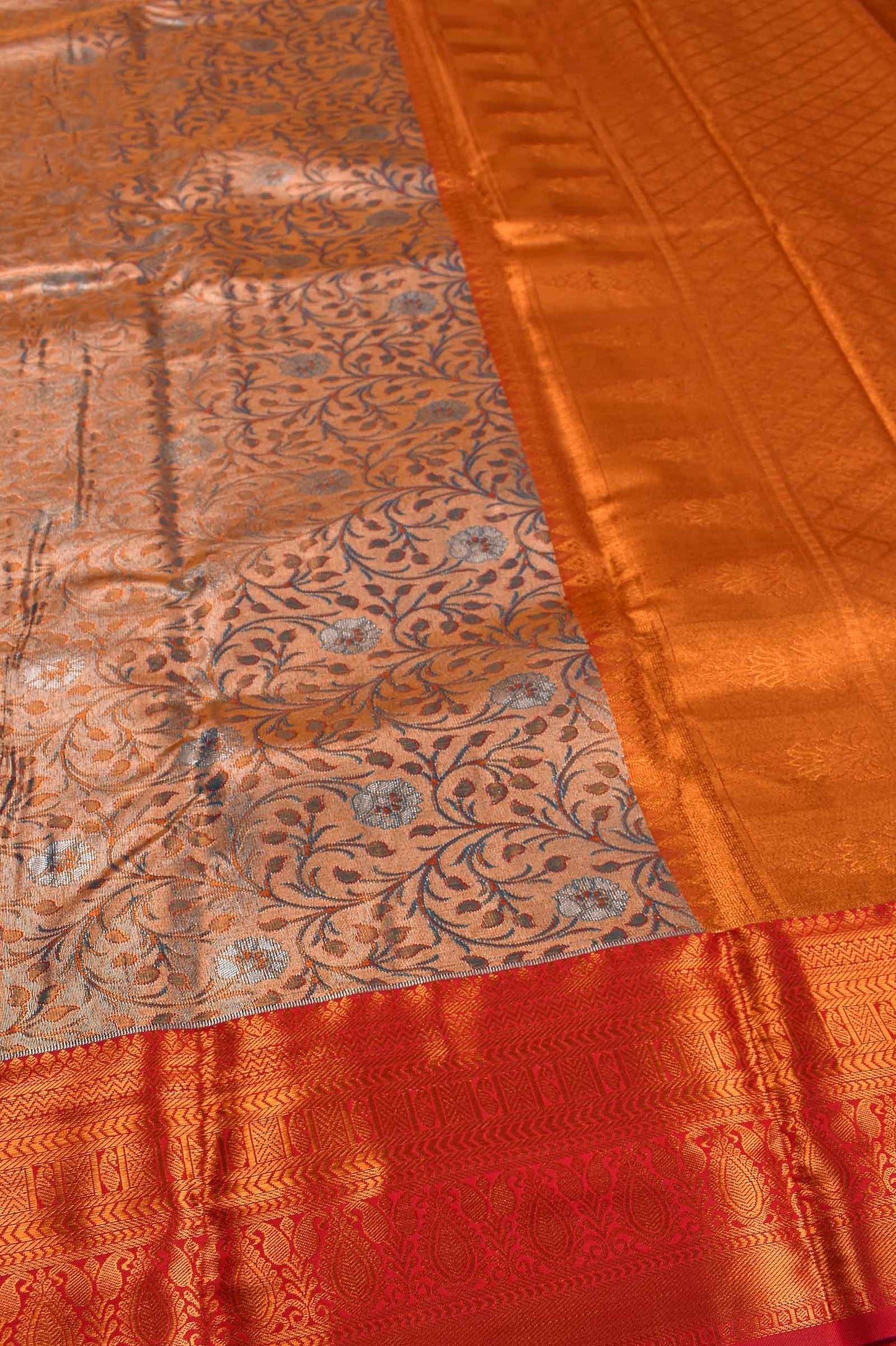 Peach Semi Silk Tissue Green Leaves Red Border Saree