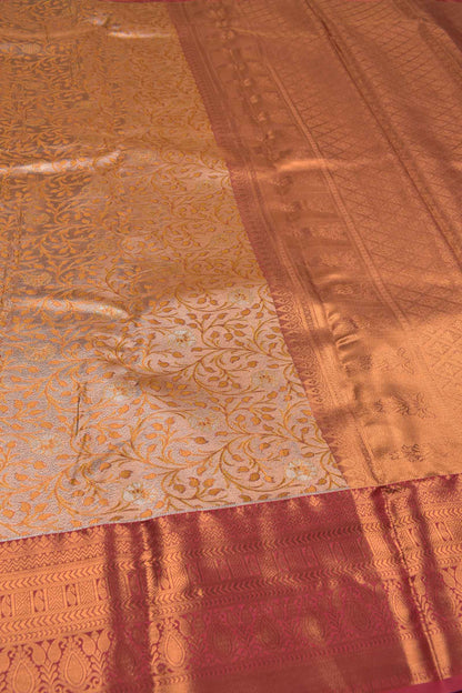 Peach Semi Silk Tissue Yellow Leaves Red  Border Saree