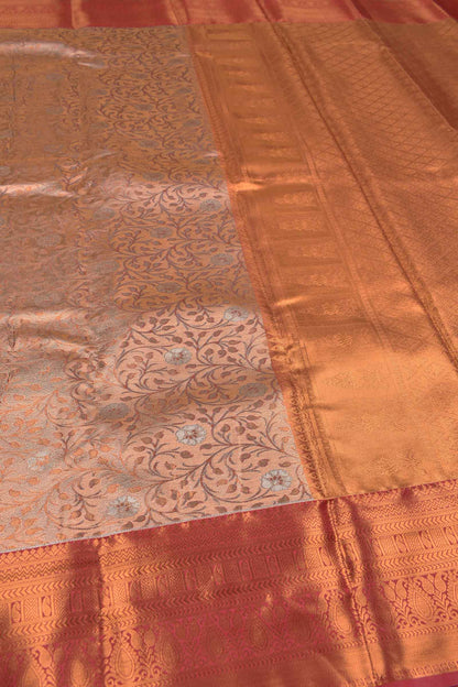 Peach Semi Silk Tissue Grey Leaves Red  Border Saree