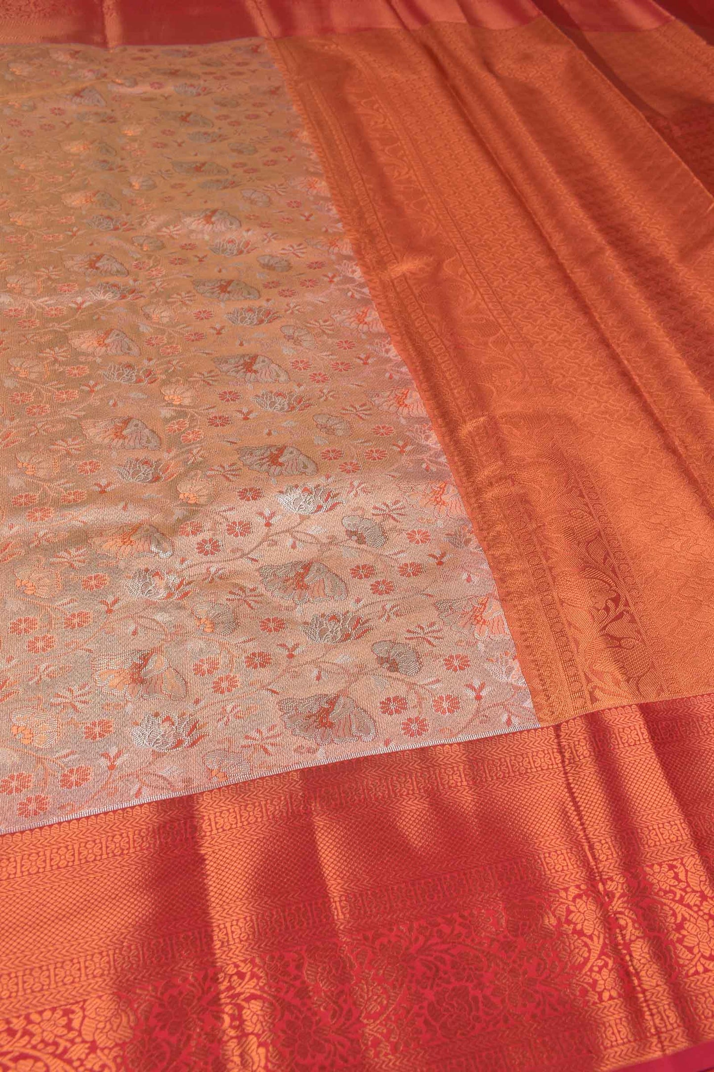 Peach Semi Silk Tissue White Leaves Red Border Saree