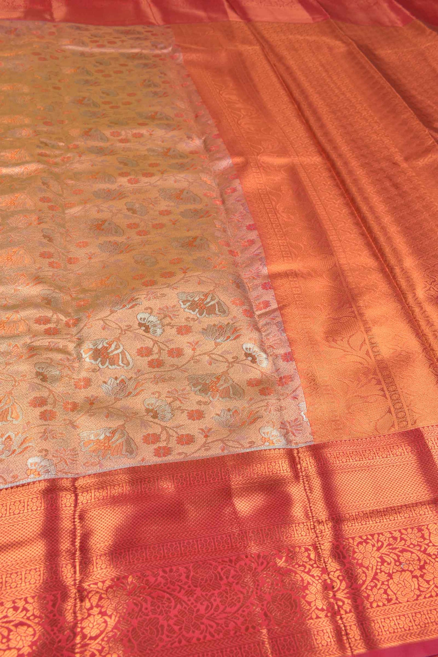 Peach Semi Silk Rich Jacquard Contrast Pink Border Tissue Saree