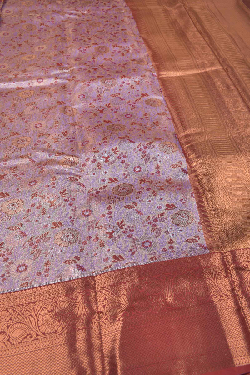 Violet Semi Silk Tissue White Leaves Red Traditional Border Saree