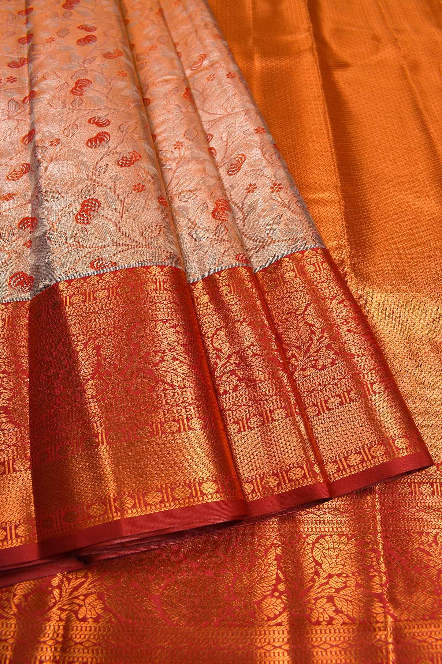 Peach Semi Silk Tissue Tree Grey Leaves Jacquard Contrast Red Border Saree