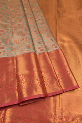 Peach Semi Silk Tissue  Floral Leaves Red  Border Saree