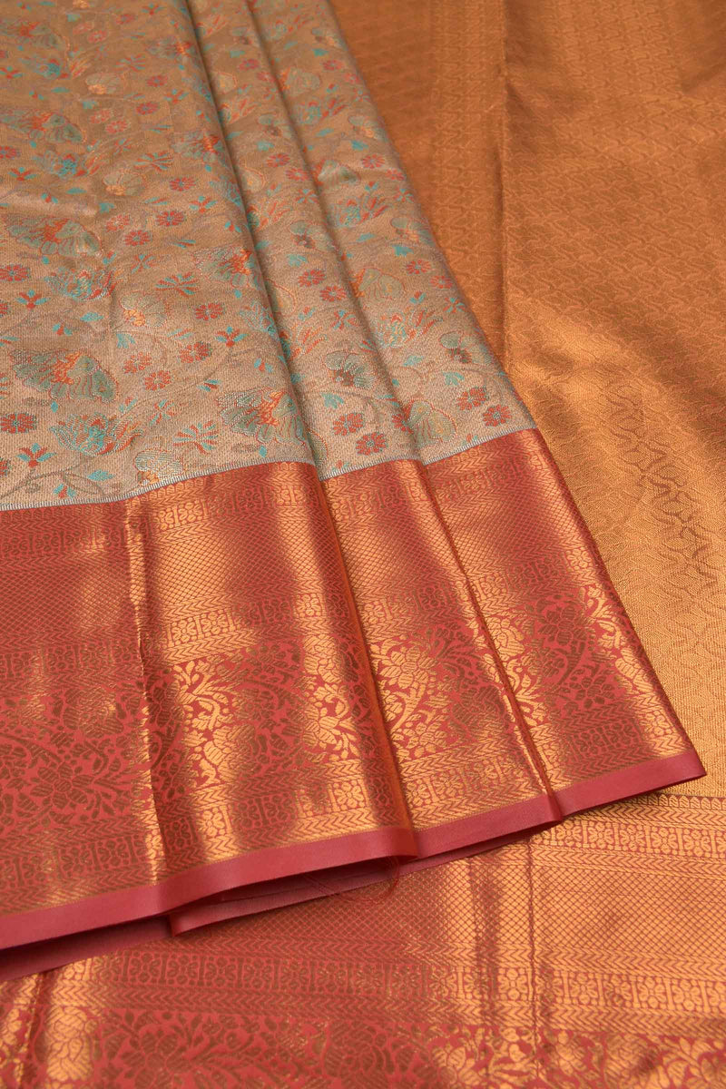 Peach Semi Silk Tissue  Floral Leaves Red  Border Saree