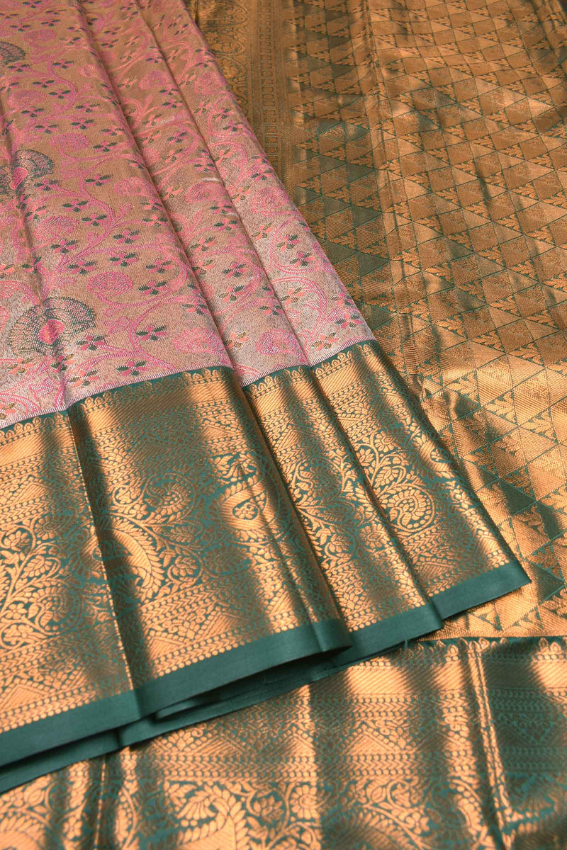 Peach With Pink Semi Silk Tissue Leaves Design Contrast Green Border Saree