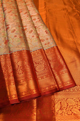 Peach Semi Silk Tissue Tree Leaves Jacquard Contrast Red Border Saree