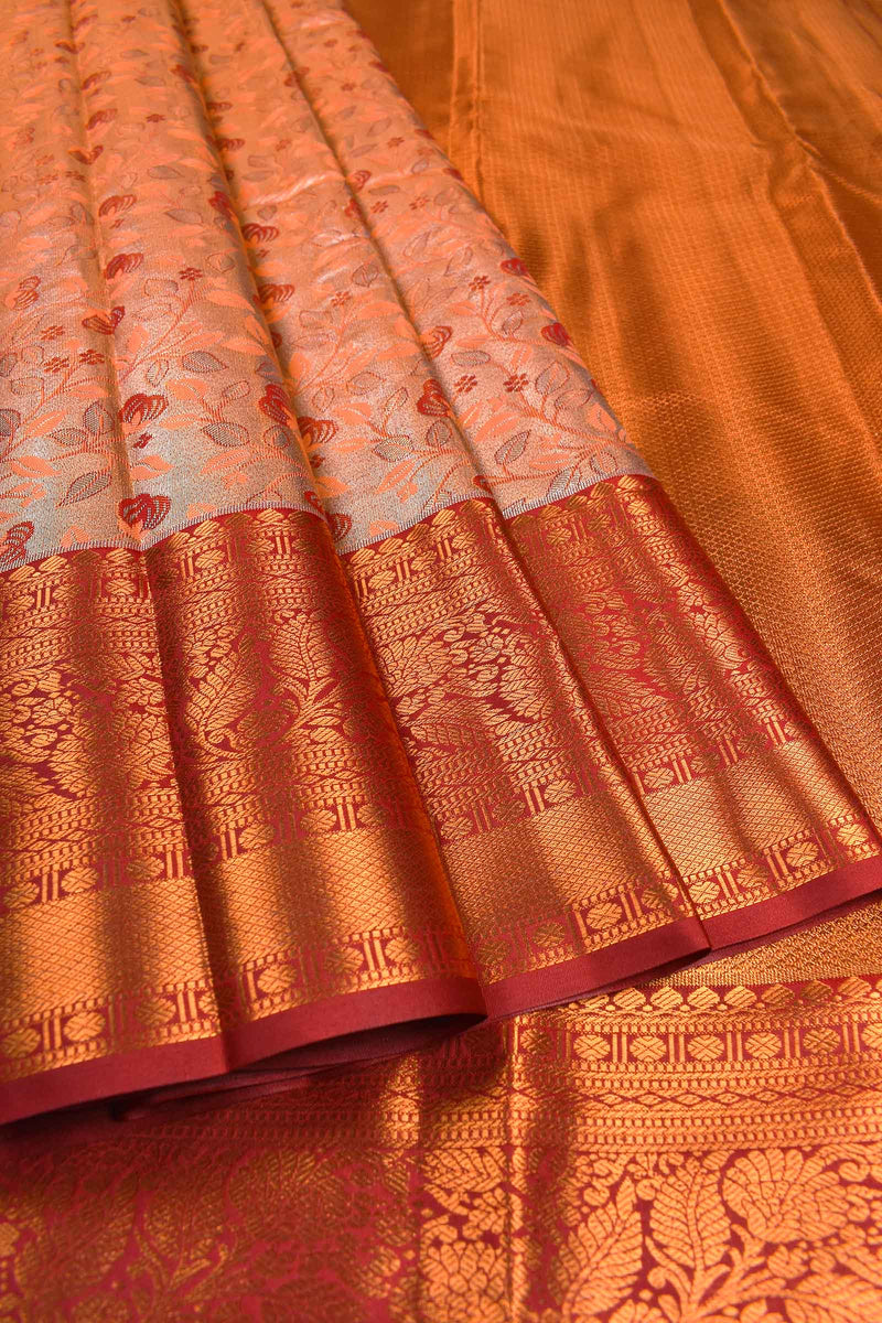 Peach Semi Silk Tissue Silver Leaves  Fancy Red Border Saree