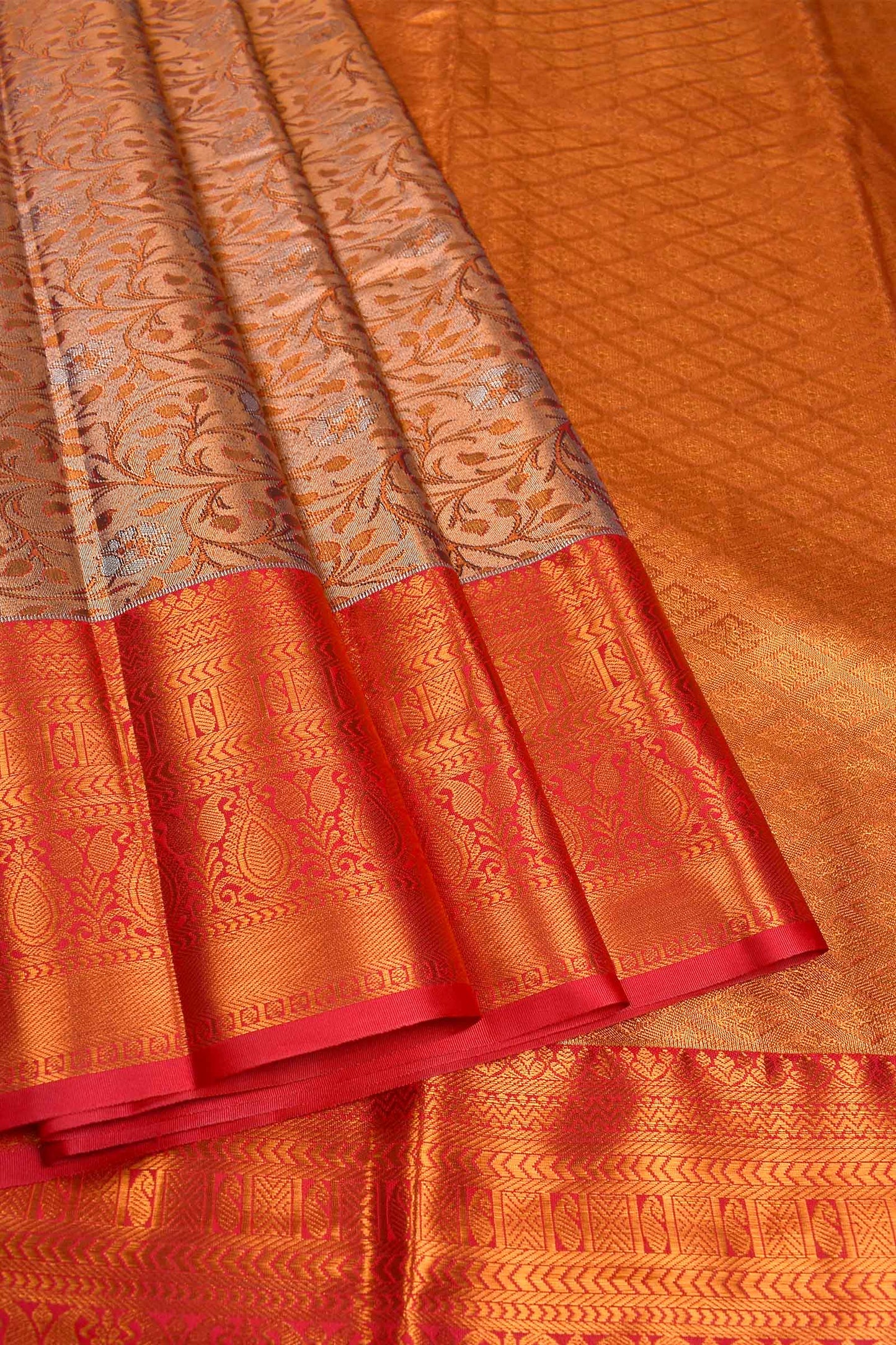 Peach Semi Silk Tissue Rich Jacquard Red Border Saree