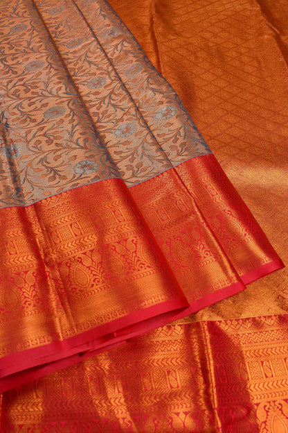 Peach Semi Silk Tissue Green Leaves Red Border Saree