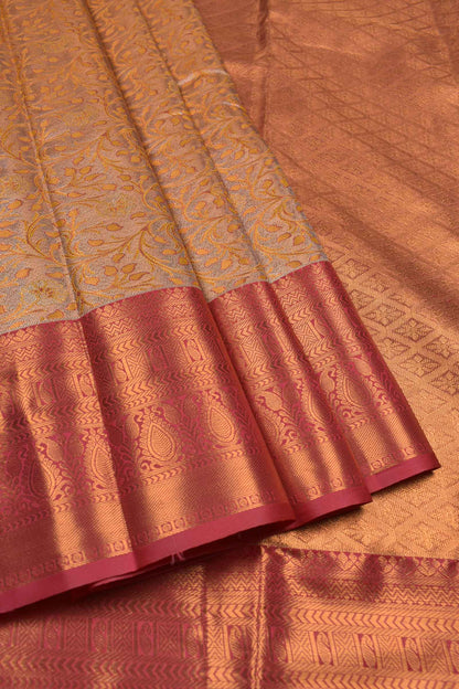 Peach Semi Silk Tissue Yellow Leaves Red  Border Saree