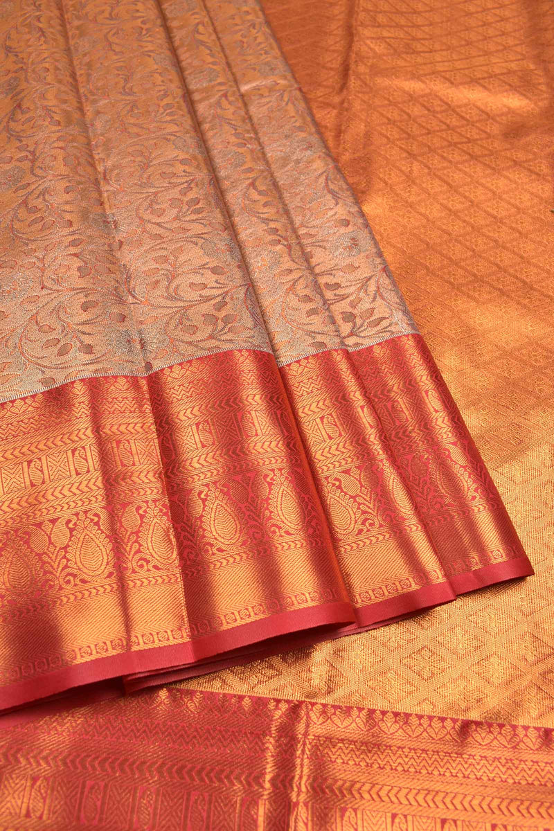 Peach Semi Silk Tissue Grey Leaves Red  Border Saree