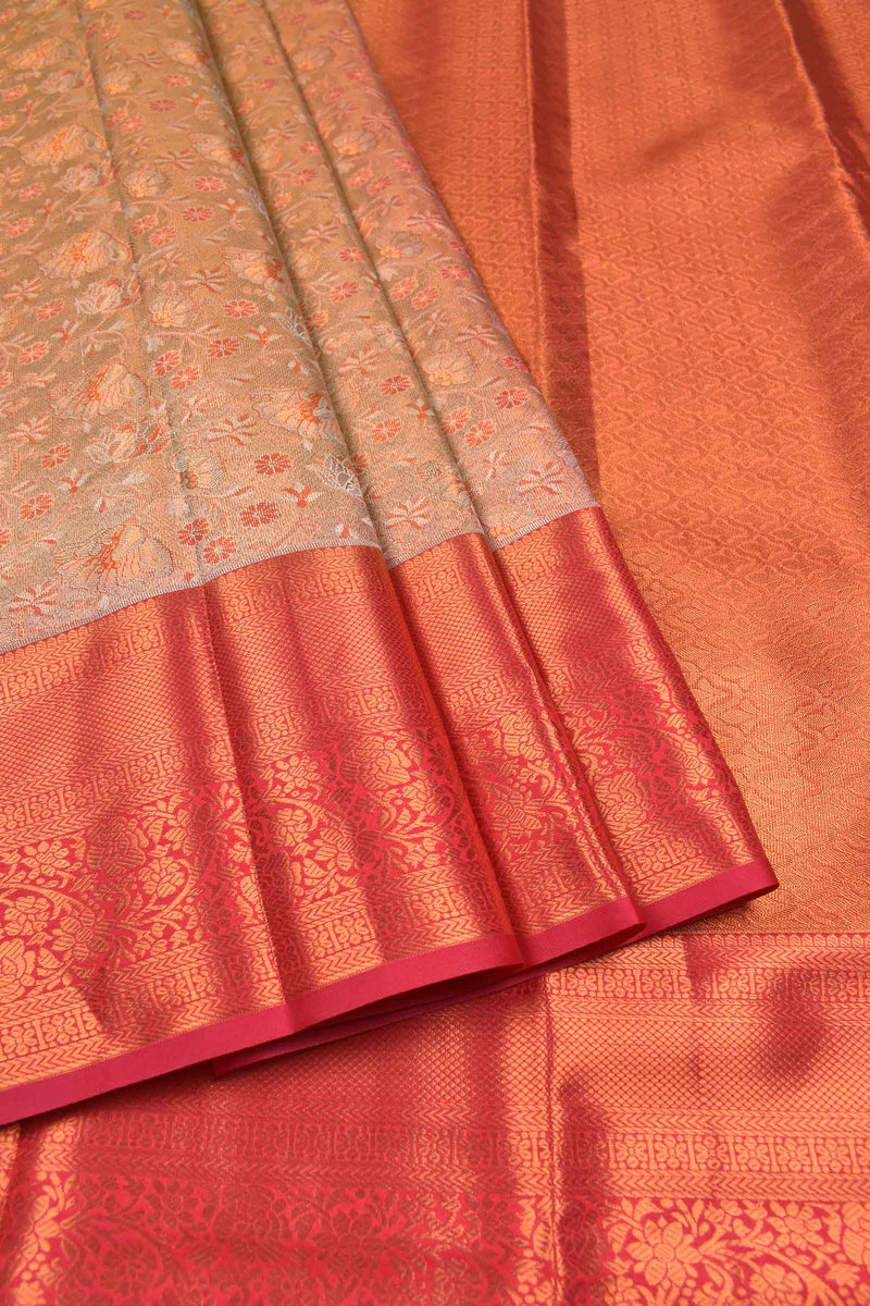 Peach Semi Silk Tissue White Leaves Red Border Saree