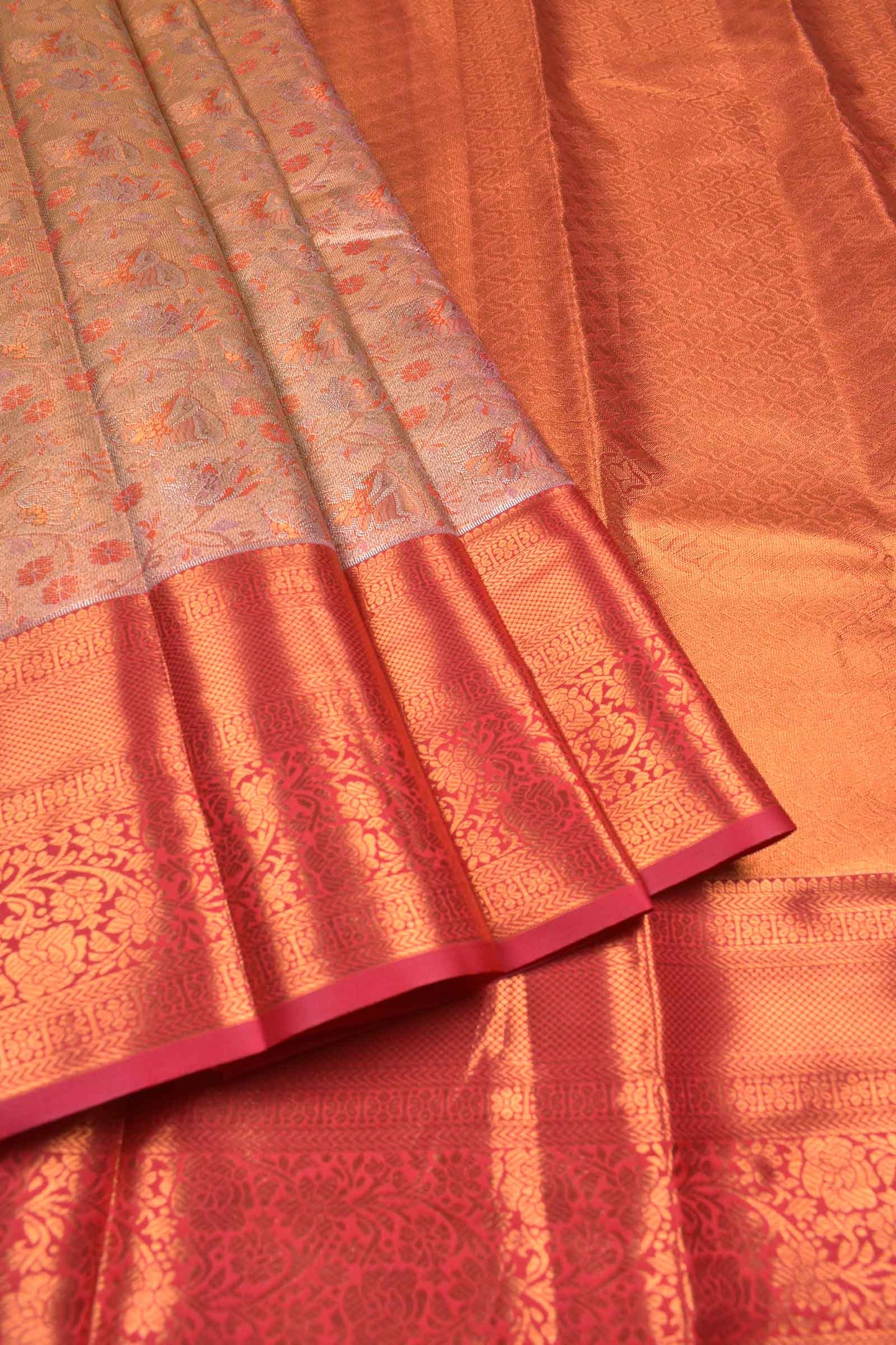 Peach Semi Silk Rich Jacquard Contrast Pink Border Tissue Saree