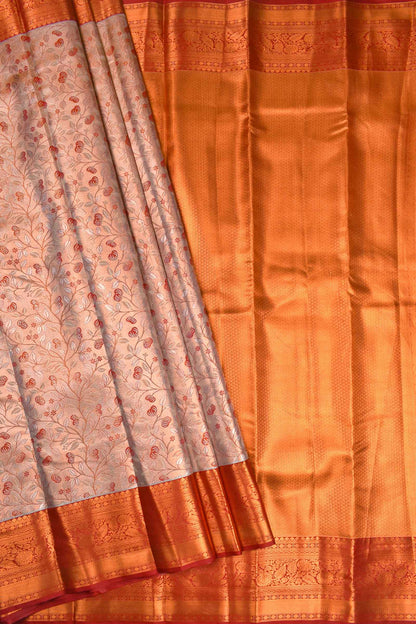 Peach Semi Silk Tissue Tree Grey Leaves Jacquard Contrast Red Border Saree