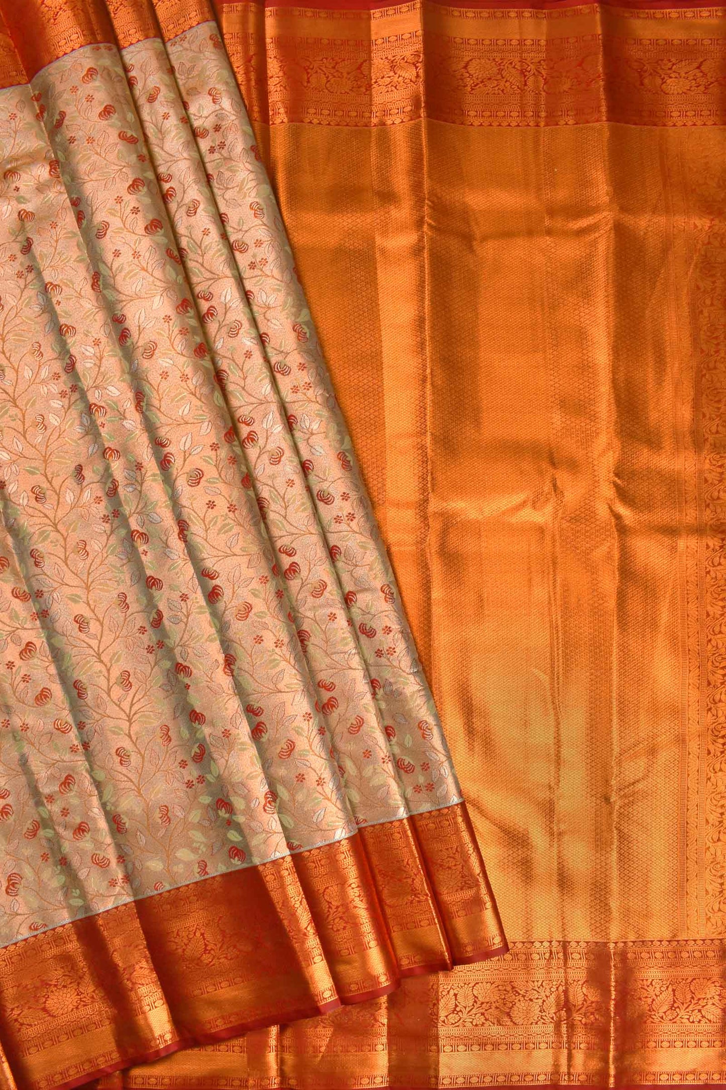 Peach Semi Silk Tissue Tree Leaves Jacquard Contrast Red Border Saree