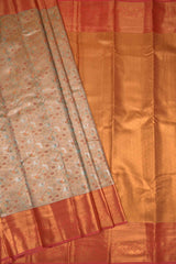 Peach Semi Silk Tissue  Floral Leaves Red  Border Saree