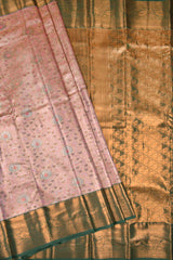 Peach With Pink Semi Silk Tissue Leaves Design Contrast Green Border Saree