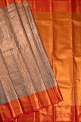 Peach Semi Silk Tissue Green Leaves Red Border Saree