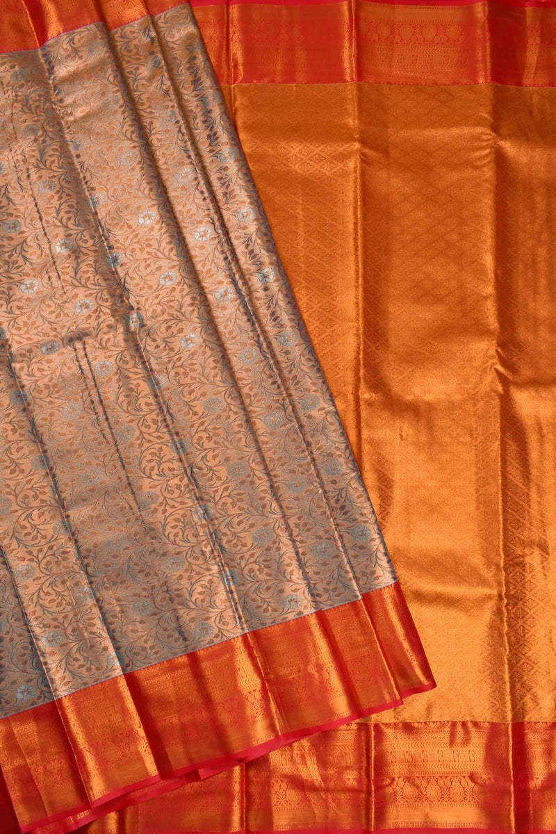 Peach Semi Silk Tissue Green Leaves Red Border Saree