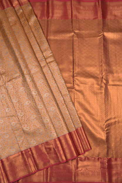 Peach Semi Silk Tissue Yellow Leaves Red  Border Saree