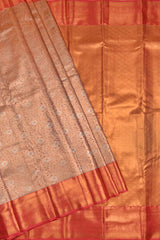 Peach Semi Silk Tissue Grey Leaves Red  Border Saree