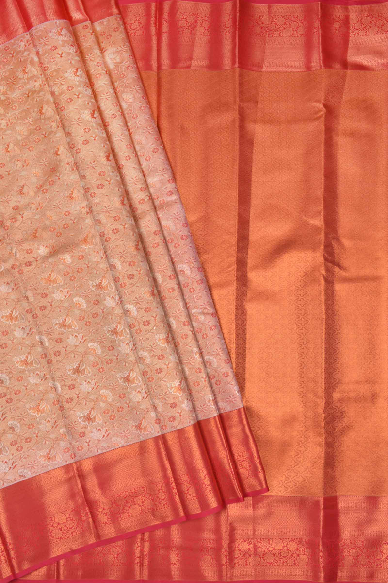 Peach Semi Silk Tissue White Leaves Red Border Saree