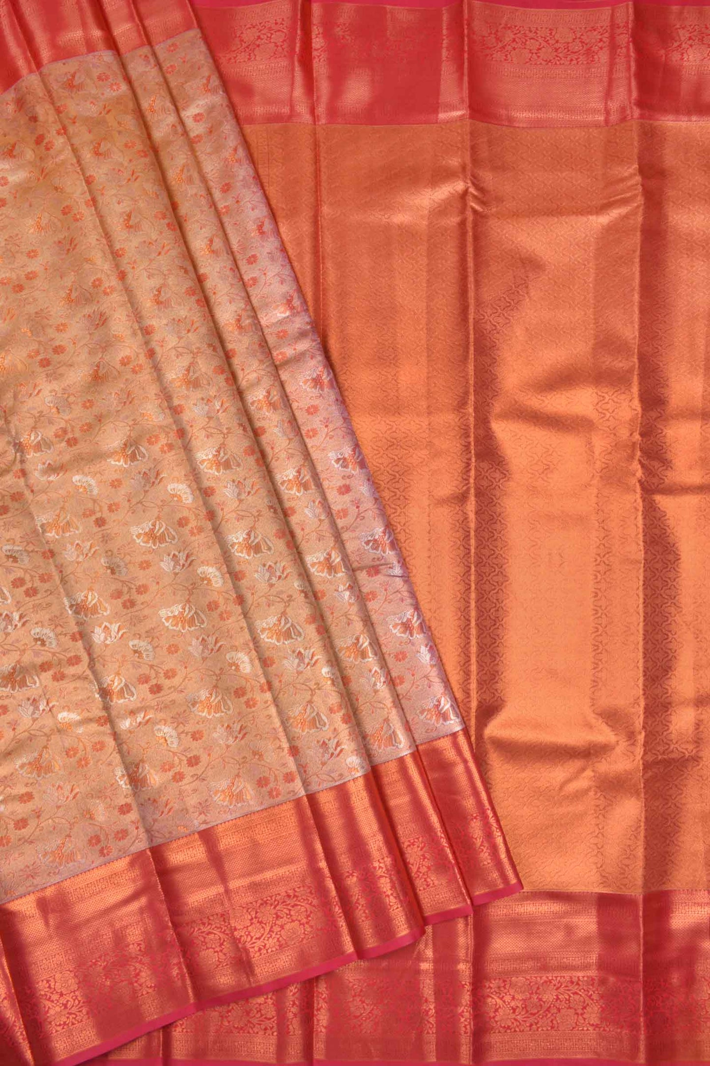 Peach Semi Silk Rich Jacquard Contrast Pink Border Tissue Saree