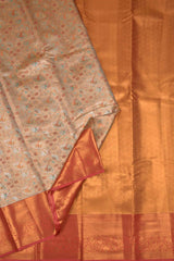 Peach Semi Silk Tissue  Floral Leaves Red  Border Saree