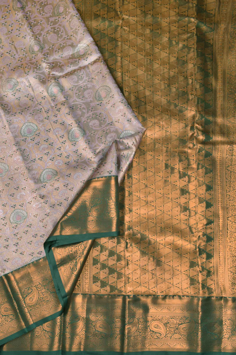 Pastel Peach Semi Silk Tissue  Floral Garden Green Border Saree