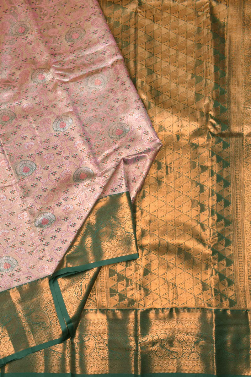 Peach With Pink Semi Silk Tissue Leaves Design Contrast Green Border Saree