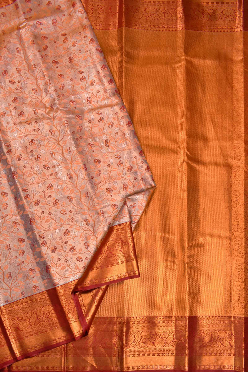 Peach Semi Silk Tissue Silver Leaves  Fancy Red Border Saree