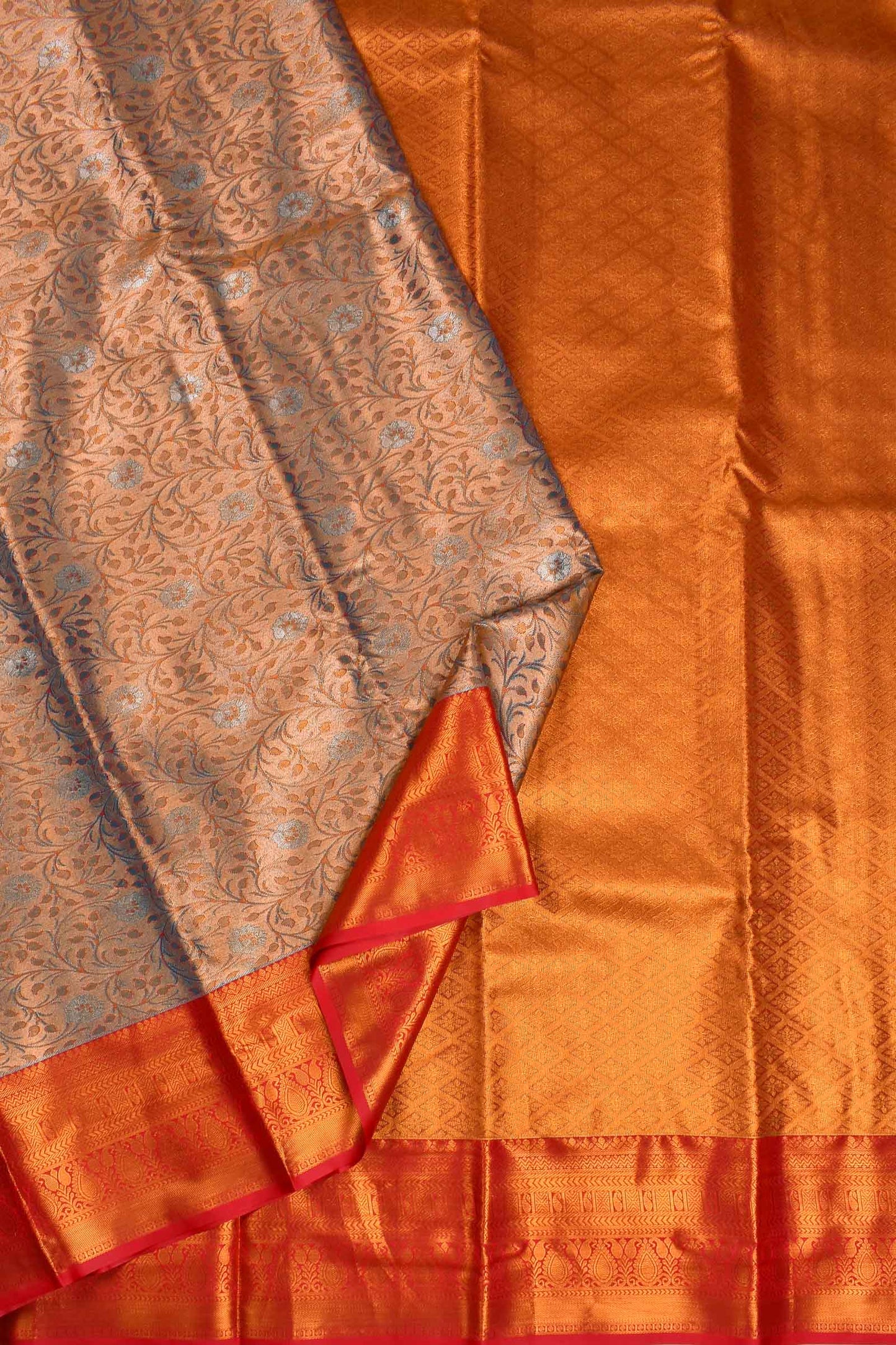 Peach Semi Silk Tissue Green Leaves Red Border Saree