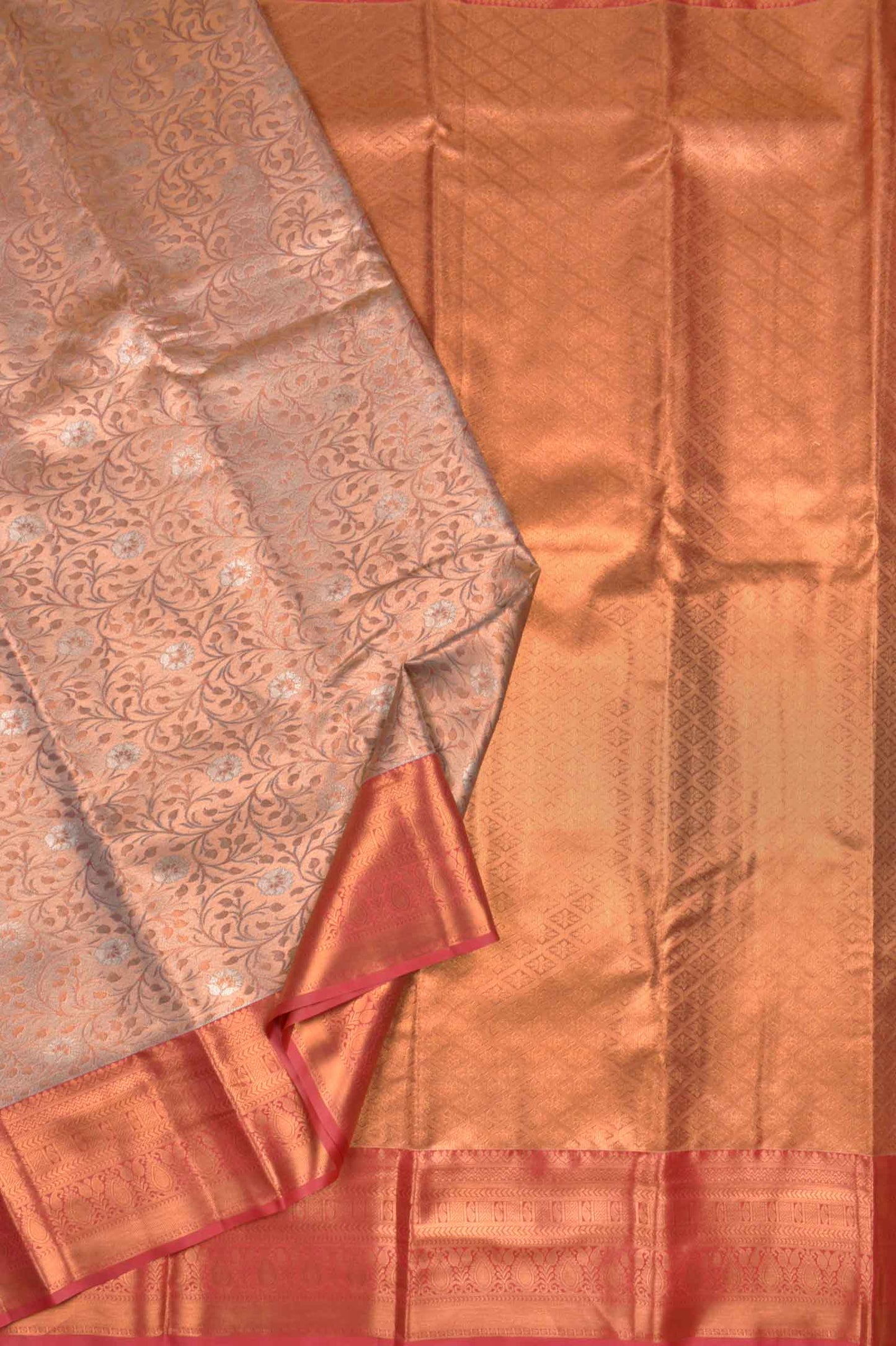 Peach Semi Silk Tissue Grey Leaves Red  Border Saree