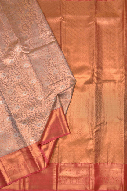 Peach Semi Silk Tissue Grey Leaves Red  Border Saree