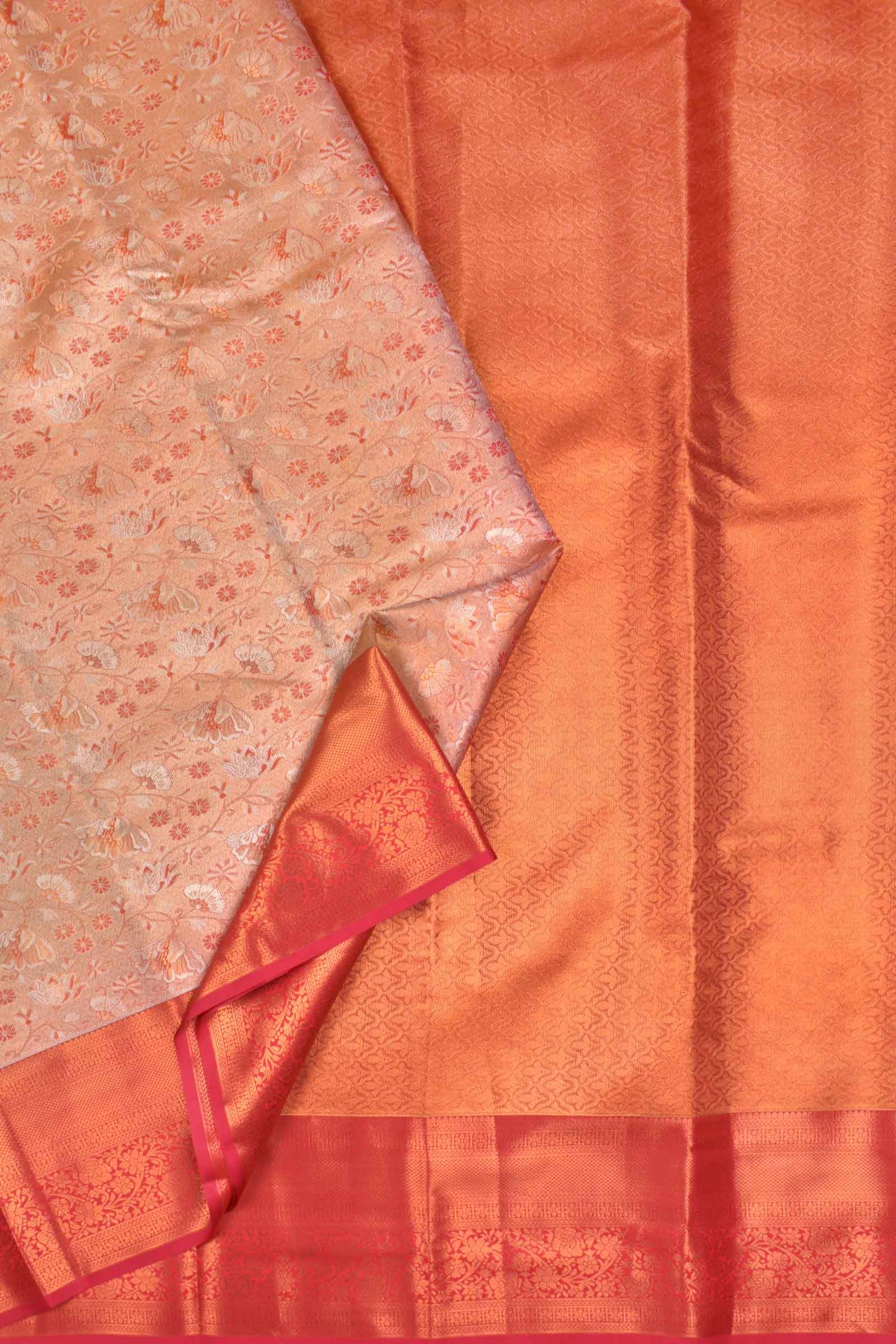 Peach Semi Silk Tissue White Leaves Red Border Saree