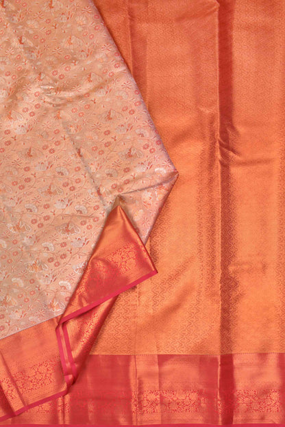 Peach Semi Silk Tissue White Leaves Red Border Saree