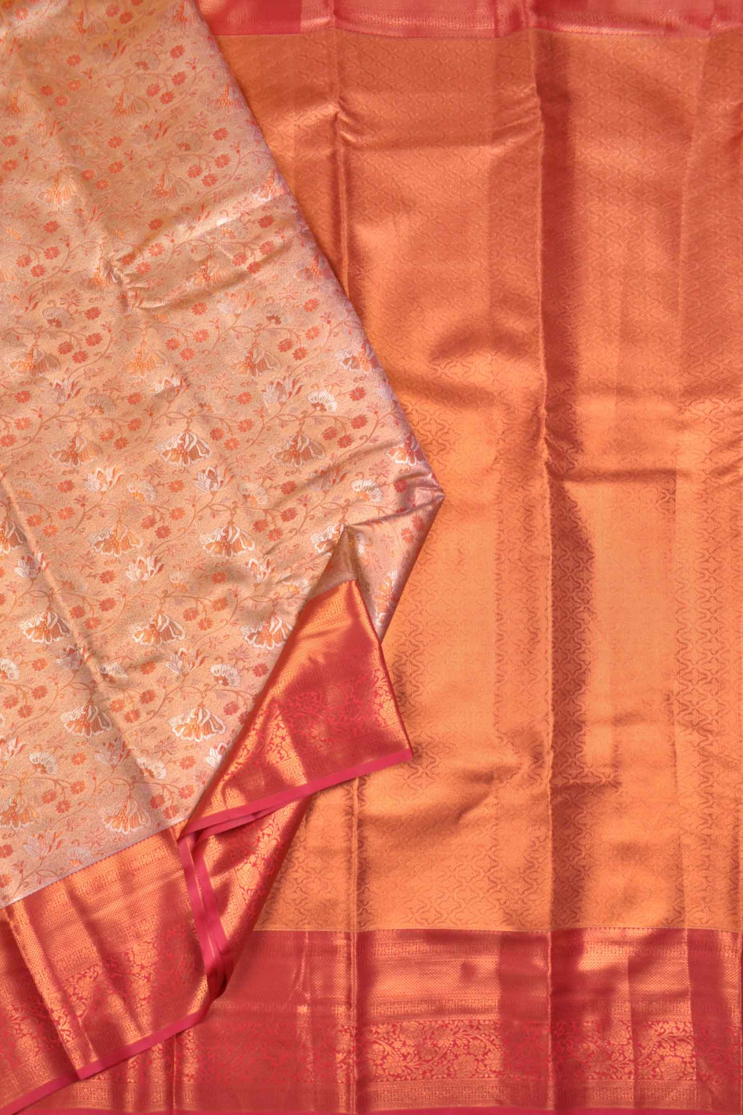 Peach Semi Silk Rich Jacquard Contrast Pink Border Tissue Saree