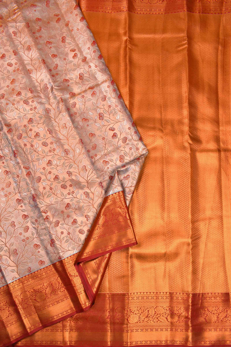 Peach Semi Silk Tissue Tree Grey Leaves Jacquard Contrast Red Border Saree