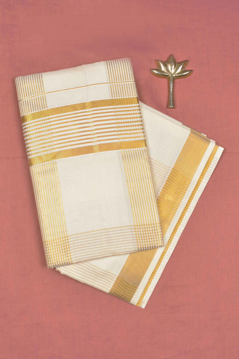 Off White Pure Kerala Cotton Multiple Line Checks Zari Border Saree