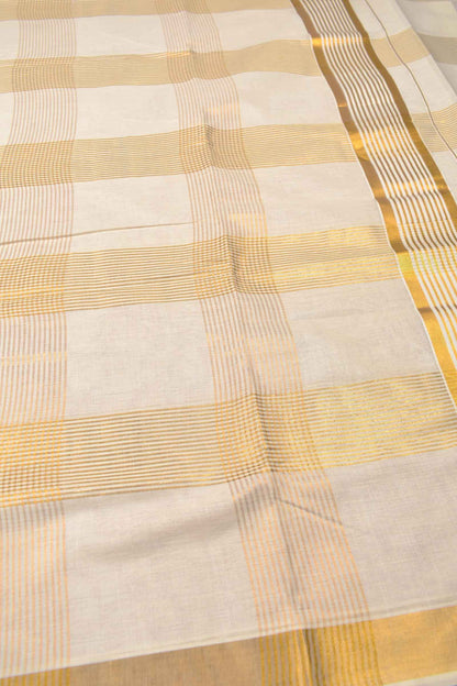 Off White Pure Kerala Cotton Multiple Line Checks Zari Border Saree