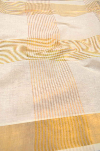 Off White Pure Kerala Cotton Multiple Line Checks Zari Border Saree