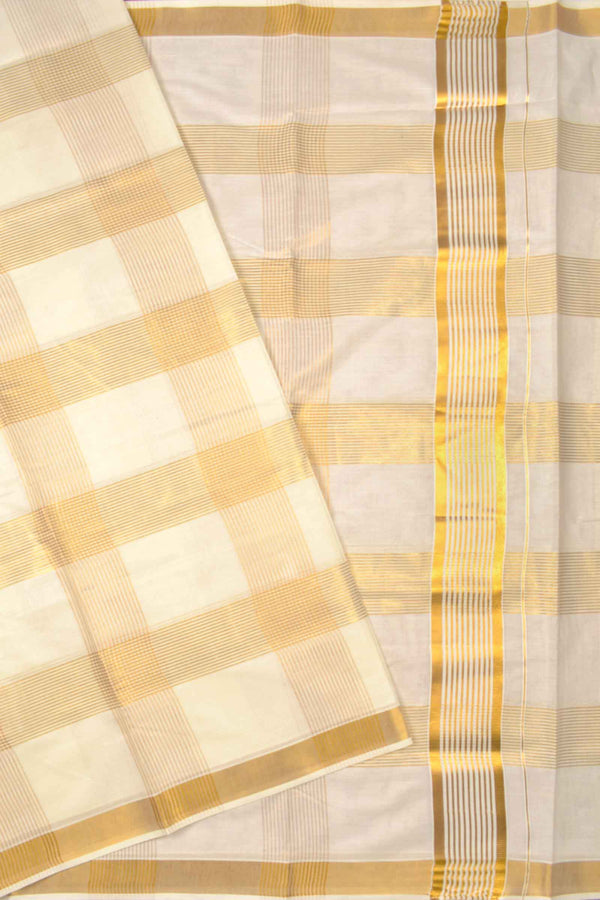 Off White Pure Kerala Cotton Multiple Line Checks Zari Border Saree