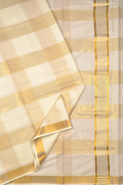 Off White Pure Kerala Cotton Multiple Line Checks Zari Border Saree