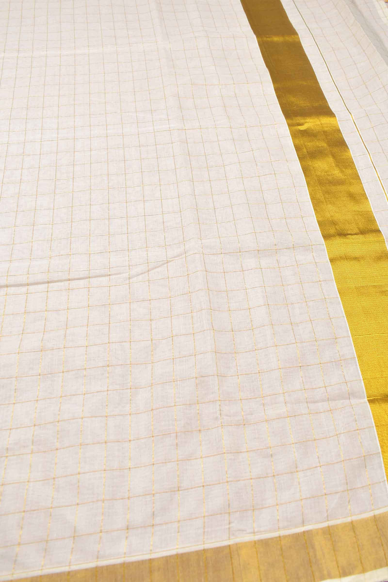 Off White Pure Kerala Cotton Checks Zari Border Checks Zari Line Pallu Saree