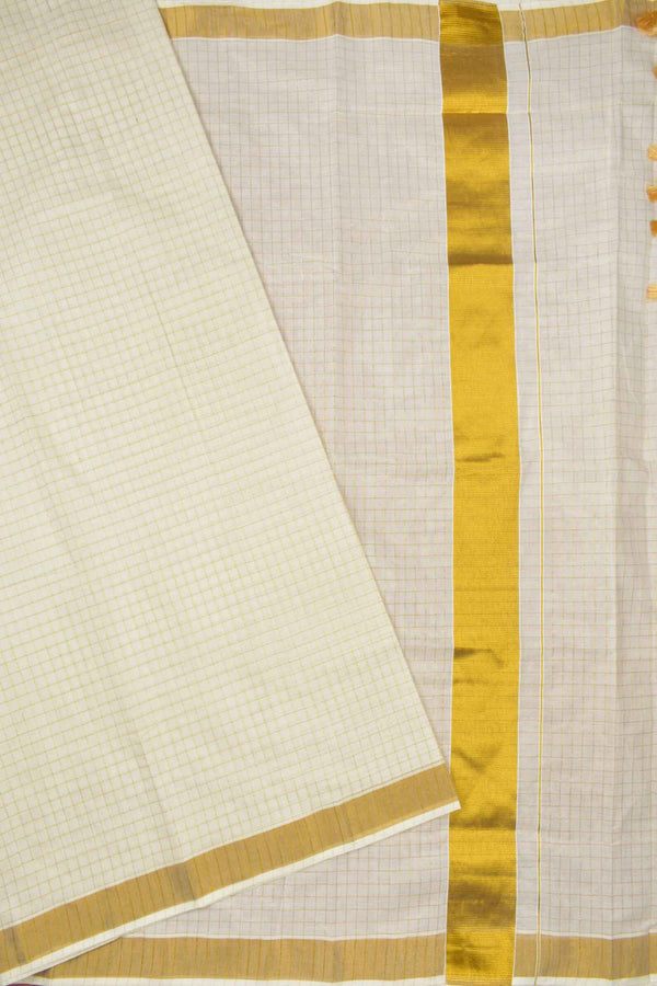 Off White Pure Kerala Cotton Small Checks Zari Border Checks Pallu Saree