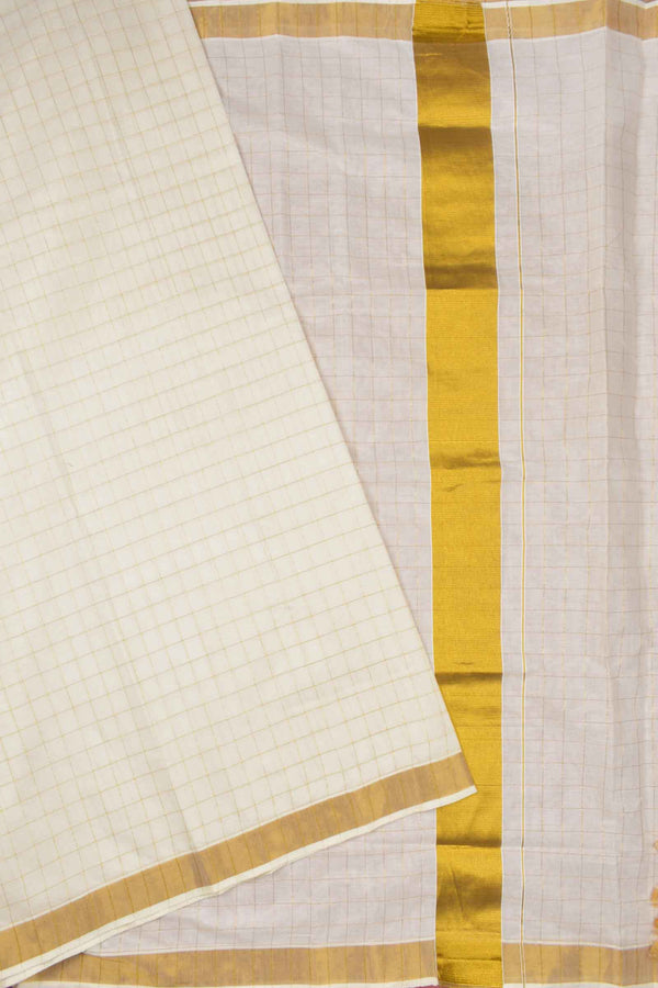 Off White Pure Kerala Cotton Checks Zari Border Checks Zari Line Pallu Saree