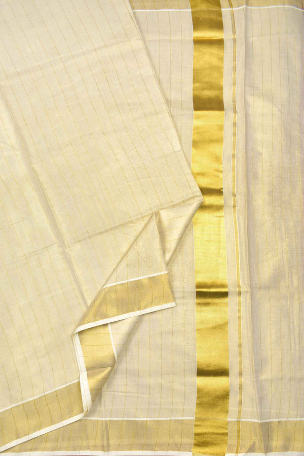 Off White Pure Kerala Tissue Cotton Vertical Zari Lines Zari Border  Saree